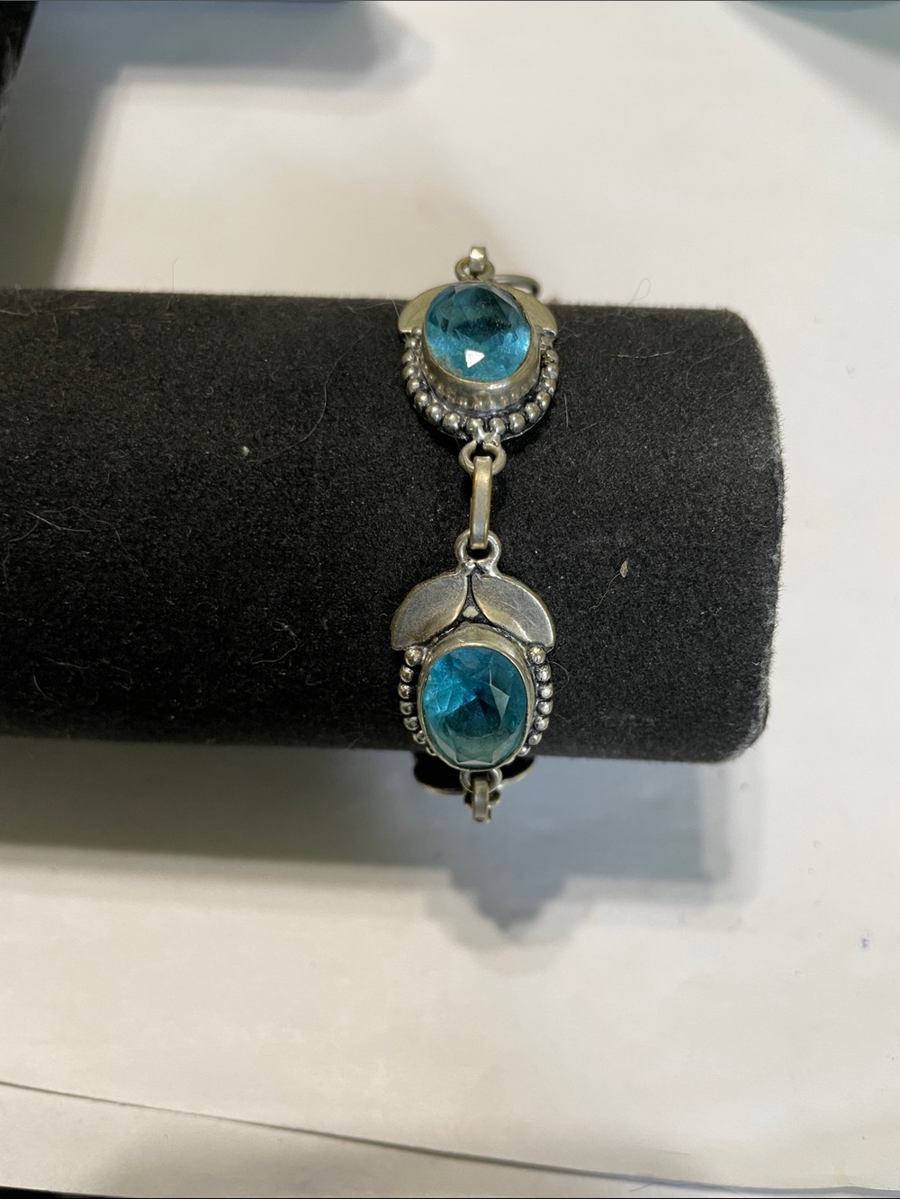 Vintage Sterling Silver Blue Topaz Dichroic Glass Link Bracelet.  8/11/6.  Bag